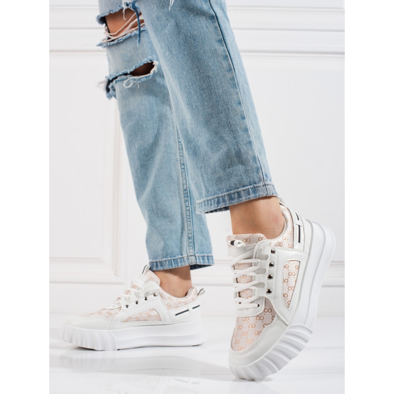 Scarpe sportive da donna bianche Shelovet con suola spessa beige bianco d'oro 1