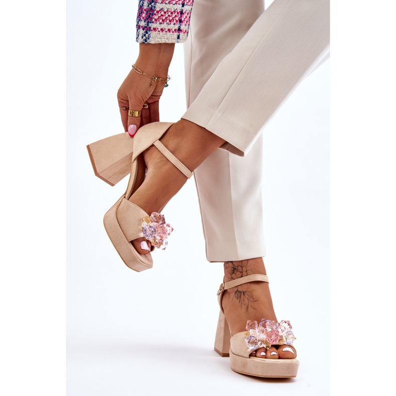 PS1 Sandali Alla Moda Con Cristalli Su Tacco Grosso Beige Garrett marrone 2