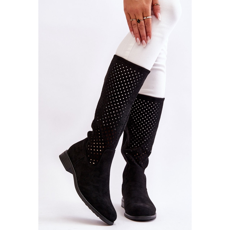 S.Barski Stivali sopra il ginocchio traforati in pelle scamosciata da donna Black Savannah nero 1