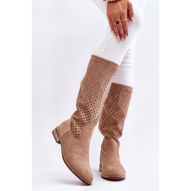 S.Barski Stivali Sopra Il Ginocchio Traforati In Pelle Scamosciata Da Donna Beige Savannah 1