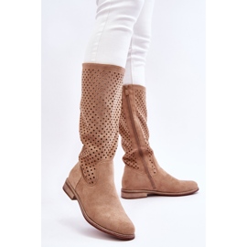 S.Barski Stivali Sopra Il Ginocchio Traforati In Pelle Scamosciata Da Donna Beige Savannah 2