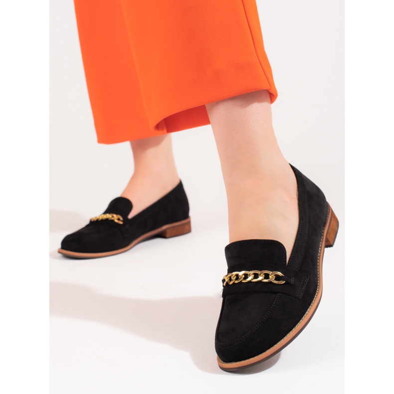 Mocassini classici con catena Shelovet in camoscio nero 1