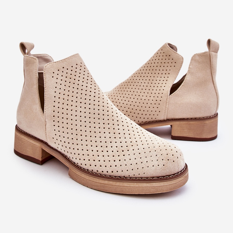 PS1 Angie Suede Traforato Stivali Con Tacco Piatto Beige 1