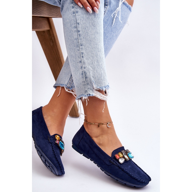 Mocassini Da Donna In Camoscio Con Cristalli Lucille Blu Navy 1