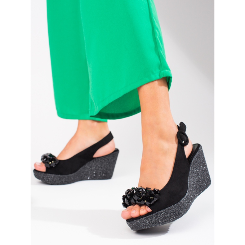 Sandalo donna con zeppa Shelovet in camoscio nero 1
