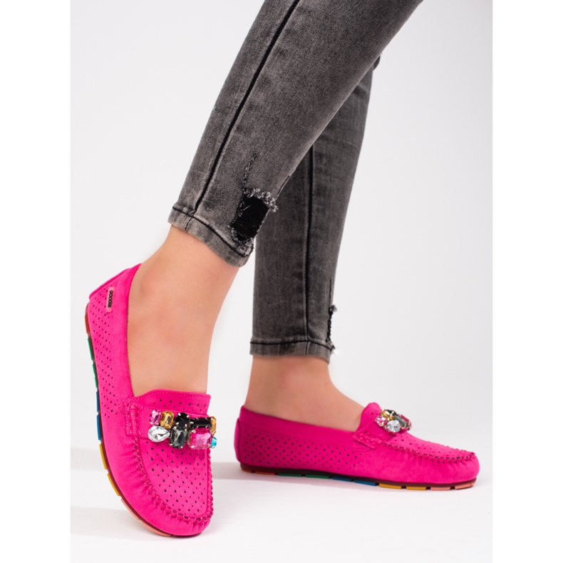 Mocassini traforati da donna rosa con cristalli Shelovet in camoscio 1