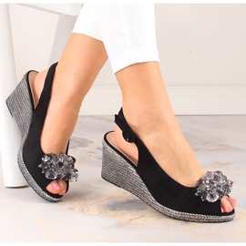 Sandali da donna con zeppa in camoscio con cristalli neri Potocki SZ12055 nero 1