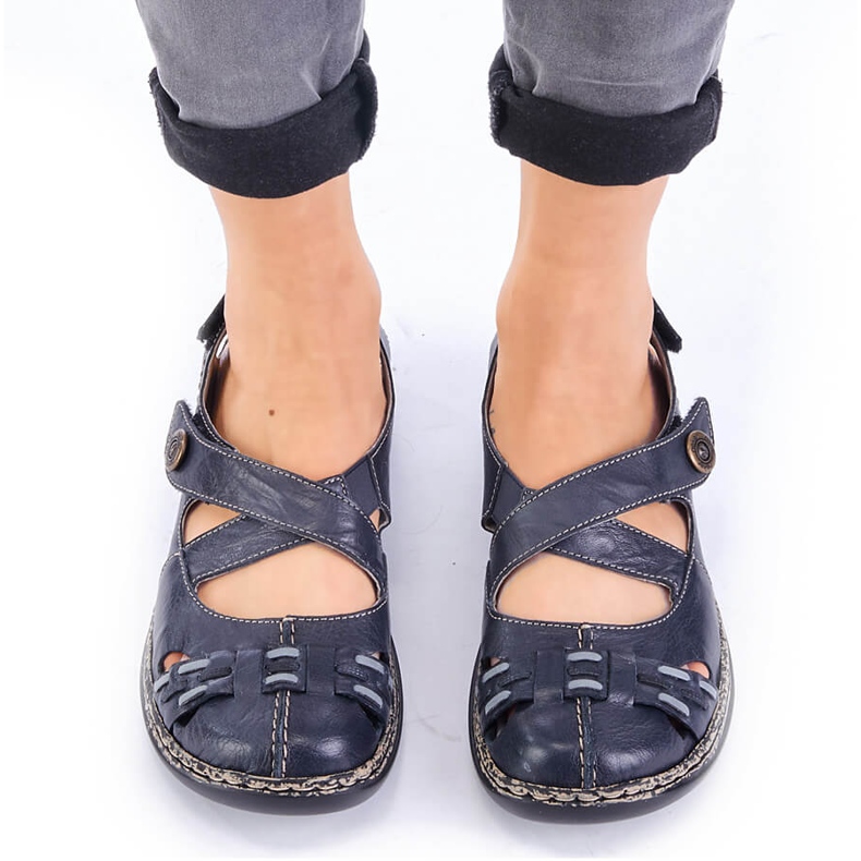Sandali da donna comodi in pelle con velcro blu navy Rieker 46377-14 1