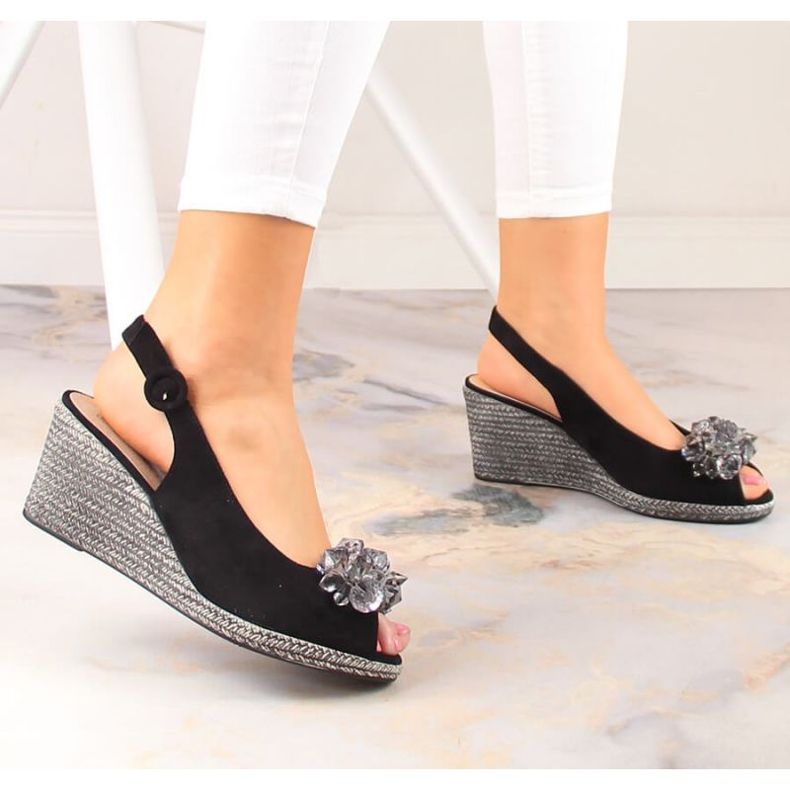 Sandali con zeppa in suede con cristalli Potocki W WOL137A nero 2