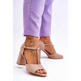 Vinceza Aniya Sandali con tacco alto in camoscio beige con strass marrone 2