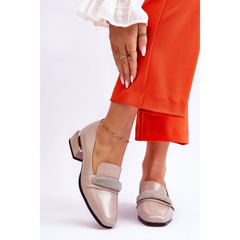 S.Barski Mocassino Tacco Alto In Vernice Con Strass Beige Lavern 1