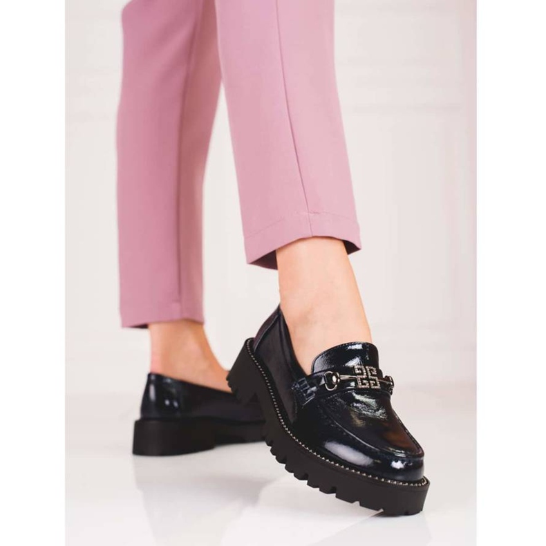 Mocassini da donna laccati su suola spessa Shelovet, blu navy 1