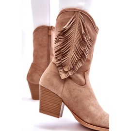 S.Barski Stivali Cowboy Bassi Da Donna In Camoscio Con Frange, Beige 2