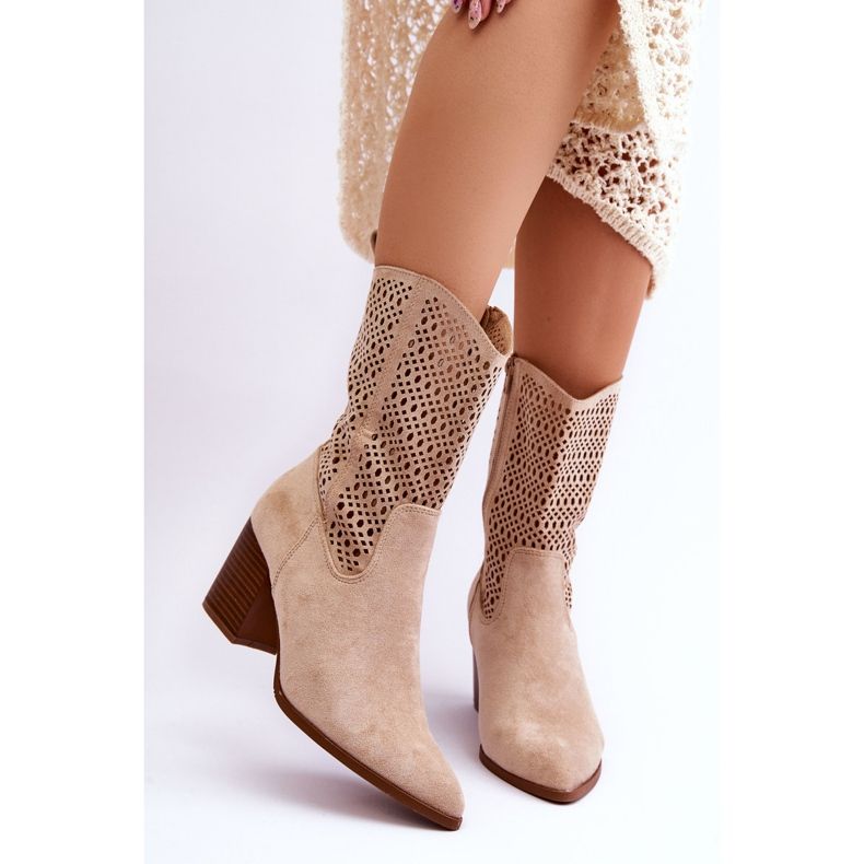 FB1 Stivali alti da cowboy in pelle scamosciata da donna Beige Turner 1