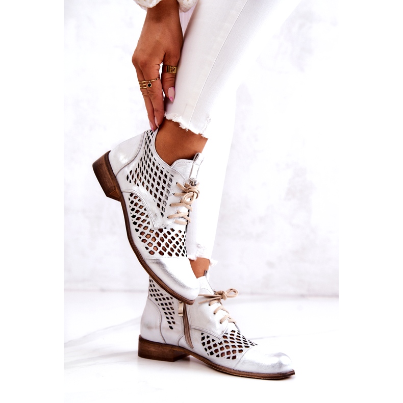 Stivali in pelle traforati Nicole 2704/005 Bianco e Argento 2