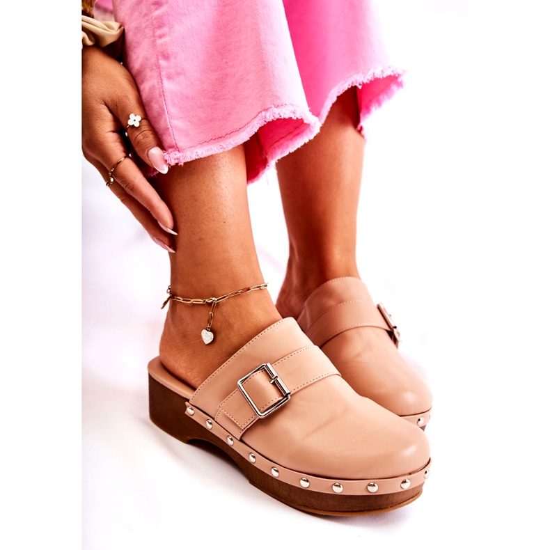 Zoccoli beige con tacco alto da donna e strass 3
