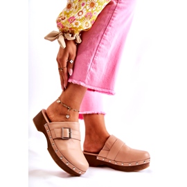 Zoccoli beige con tacco alto da donna e strass 4