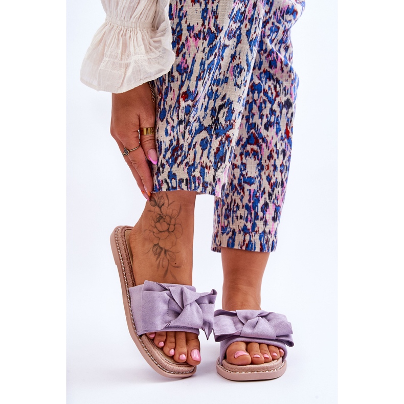 Pantofole Da Donna In Camoscio Con Fiocco Viola Ambra 1