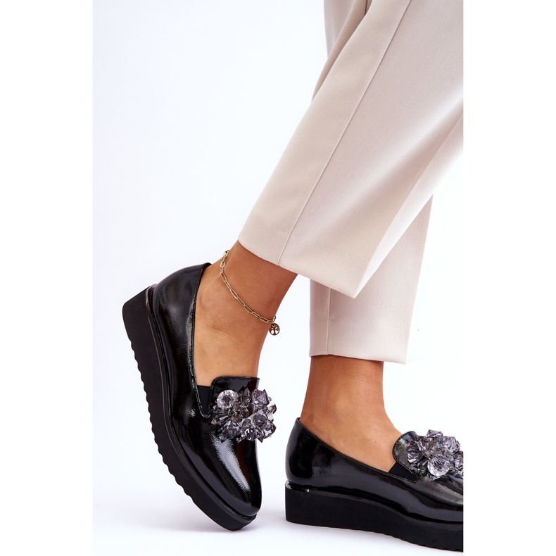 Vinceza Mocassini Con Zeppa Laccati Con Cristalli Nero Loresa 2