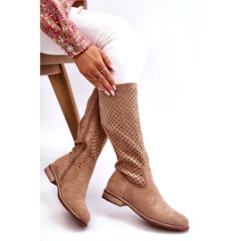 S.Barski Stivali Sopra Il Ginocchio Traforati In Pelle Scamosciata Da Donna Beige Savannah 4