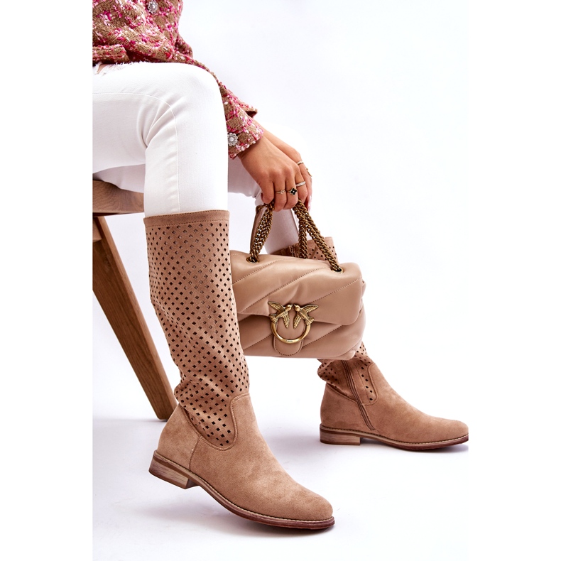 S.Barski Stivali Sopra Il Ginocchio Traforati In Pelle Scamosciata Da Donna Beige Savannah 3