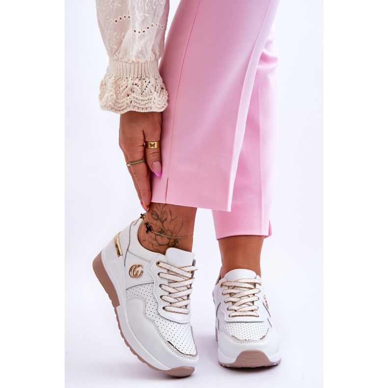 S.Barski Scarpe Sportive Con Zeppa In Pelle Da Donna Bianco-Oro Rebeca 1