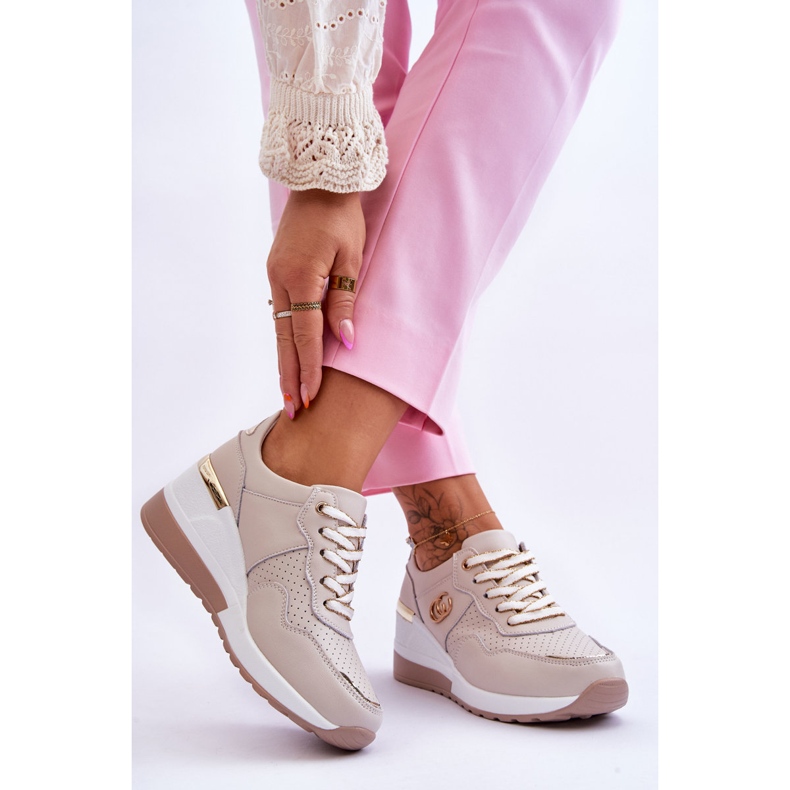 S.Barski Scarpe sportive da donna in pelle con zeppa beige Rebeca 2