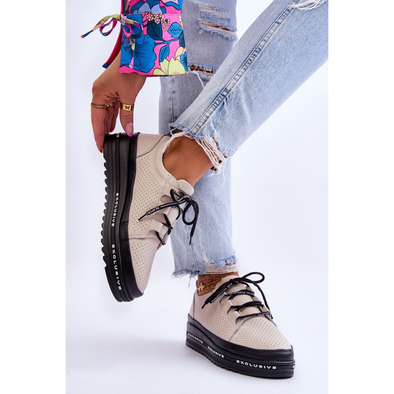 S.Barski Scarpe Sportive Traforate in Pelle Beige Leonor 2
