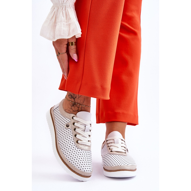 S.Barski Scarpe sportive traforate in pelle alla moda Cantare bianco e oro bianca 1
