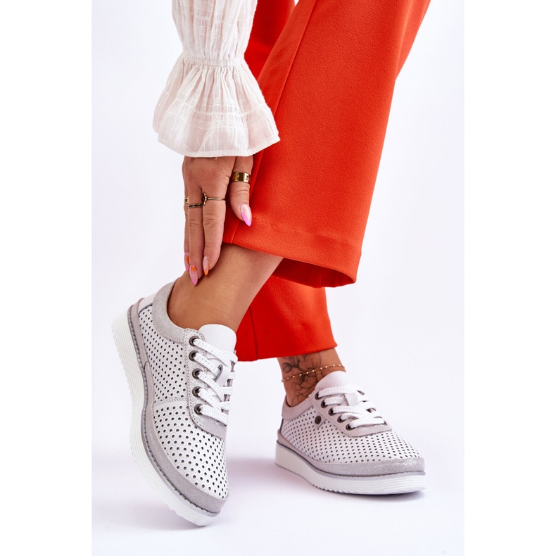 S.Barski Scarpe Sportive Traforate in Pelle alla Moda Bianco e Argento Cantare bianca 2