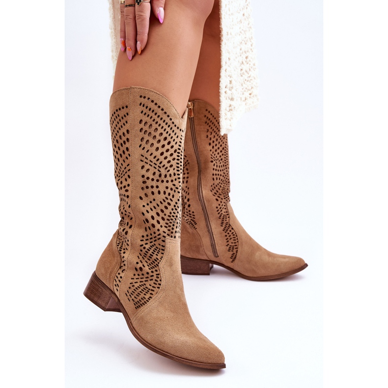 Lewski Shoes Stivali da cowboy in pelle scamosciata prima del ginocchio Leewski Shoes 3305 Beige marrone 2