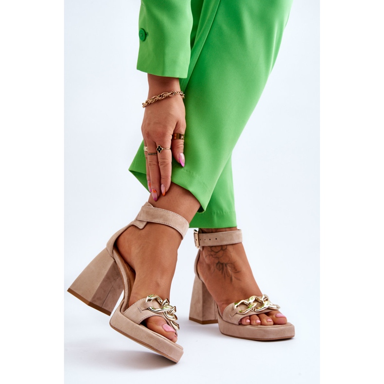 Lewski Shoes Sandali in pelle scamosciata da donna con tacchi massicci Scarpe Leewski 3207 Beige marrone 2