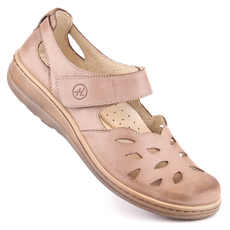 Comode scarpe da donna in pelle traforata con velcro beige Helios 4043 1