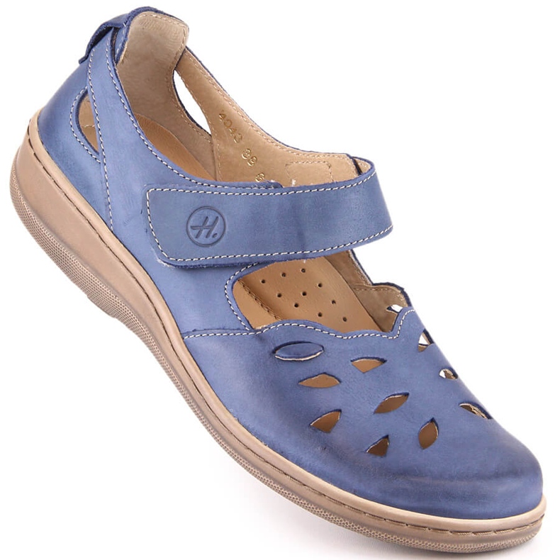 Scarpe comode da donna in pelle traforata con velcro, blu Helios 4043 1