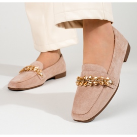 Mocassini da donna in camoscio con cristalli Shelovet beige 1