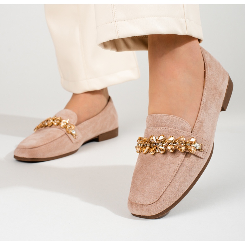 Mocassini da donna in camoscio con cristalli Shelovet beige 1