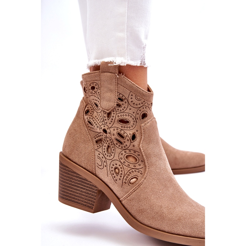 S.Barski Stivali da cowboy traforati in pelle scamosciata da donna, Beige 2
