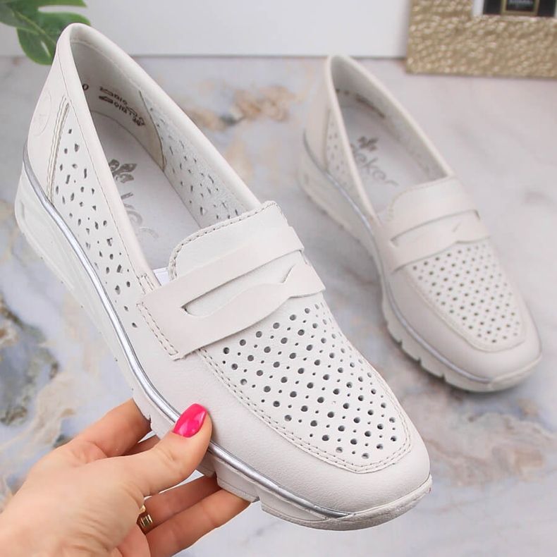 Scarpe con zeppa traforate in pelle da donna Rieker N3356-80 bianco 2