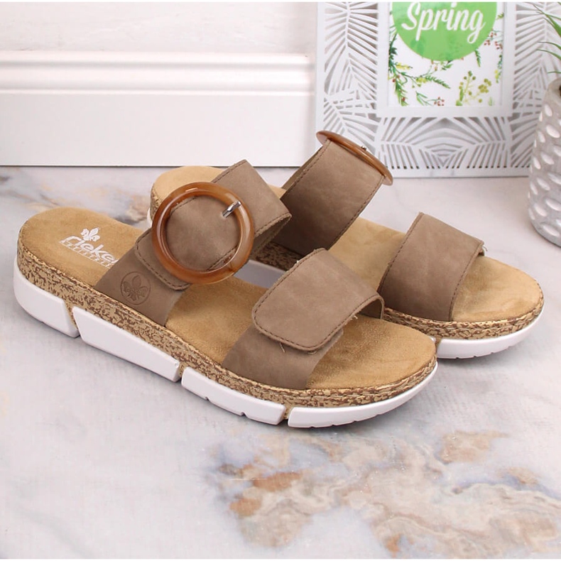 Comode pantofole in velcro da donna beige Rieker V2392-62 2