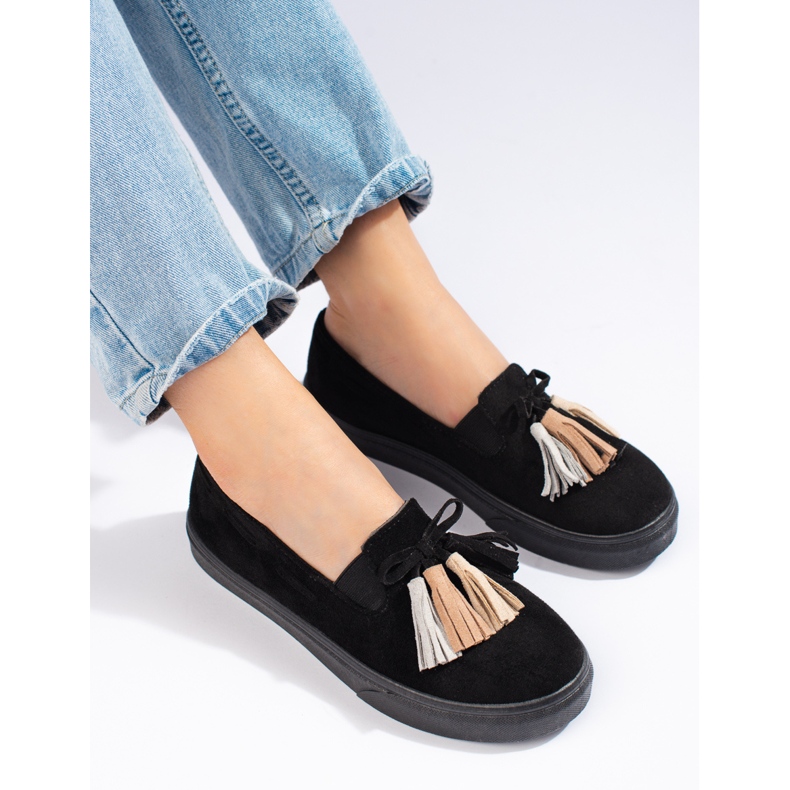 Slip-on Shelovet in camoscio nero con frange 1