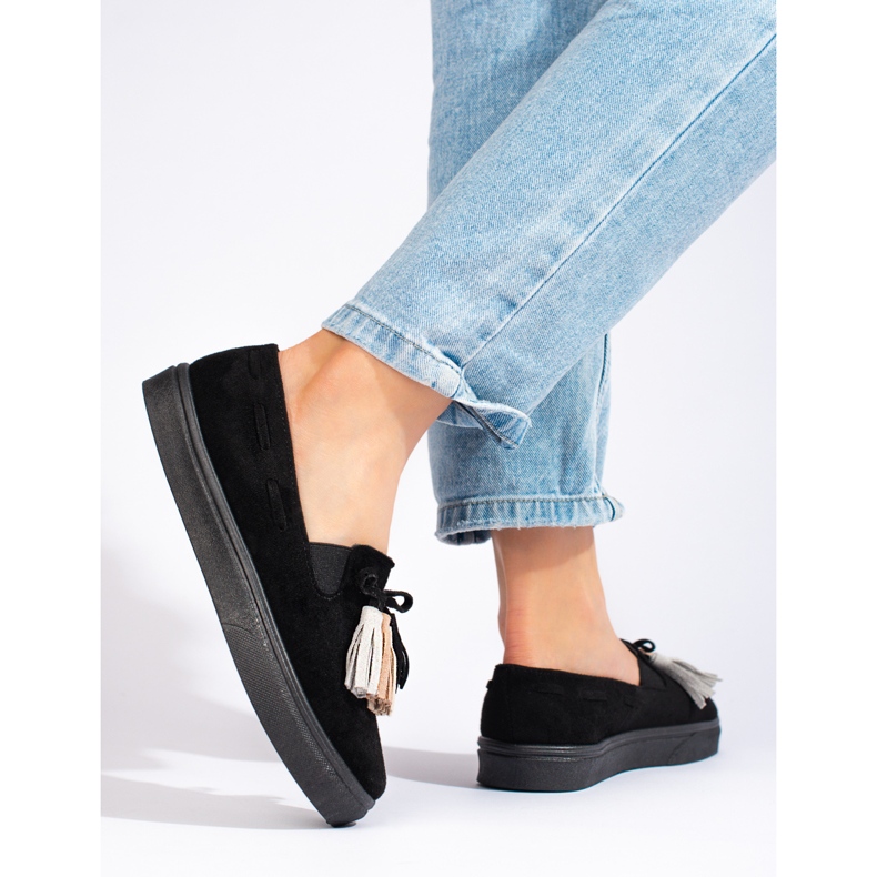 Slip-on Shelovet in camoscio nero con frange 2