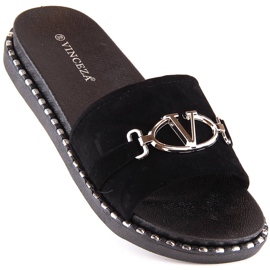 Pantofole da donna in camoscio con decoro nero Vinceza 30183 1