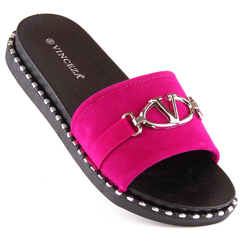 Pantofole da donna in camoscio con decoro fucsia Vinceza 30183 rosa 1