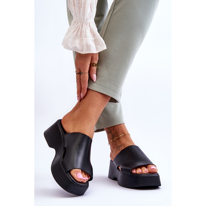 Lemar Pantofole Platform in pelle da donna nere Lucami nero 2