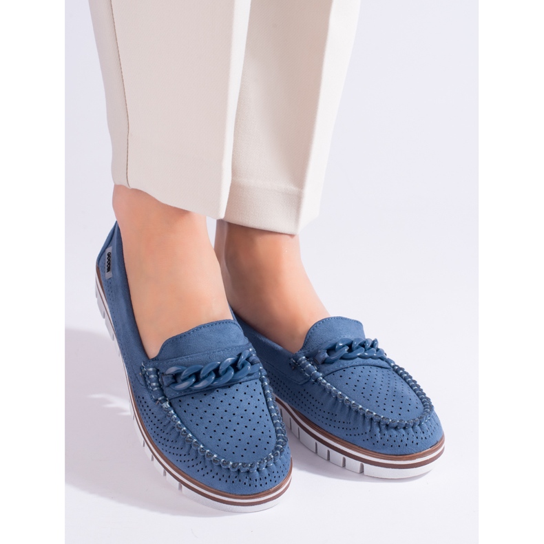 Mocassini da donna in camoscio traforato blu navy Shelovet 1