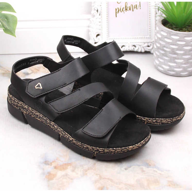 Comodi sandali da donna su una piattaforma in velcro nera Rieker V2301-00 nero 2