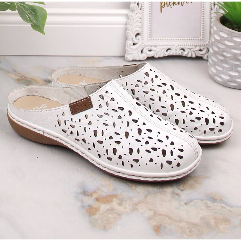 Rieker 65996-80 slider in pelle piena bianca traforata con elastico 1