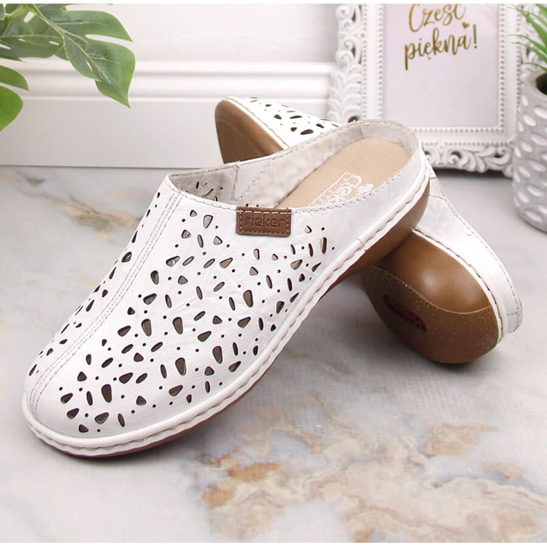 Rieker 65996-80 slider in pelle piena bianca traforata con elastico 2
