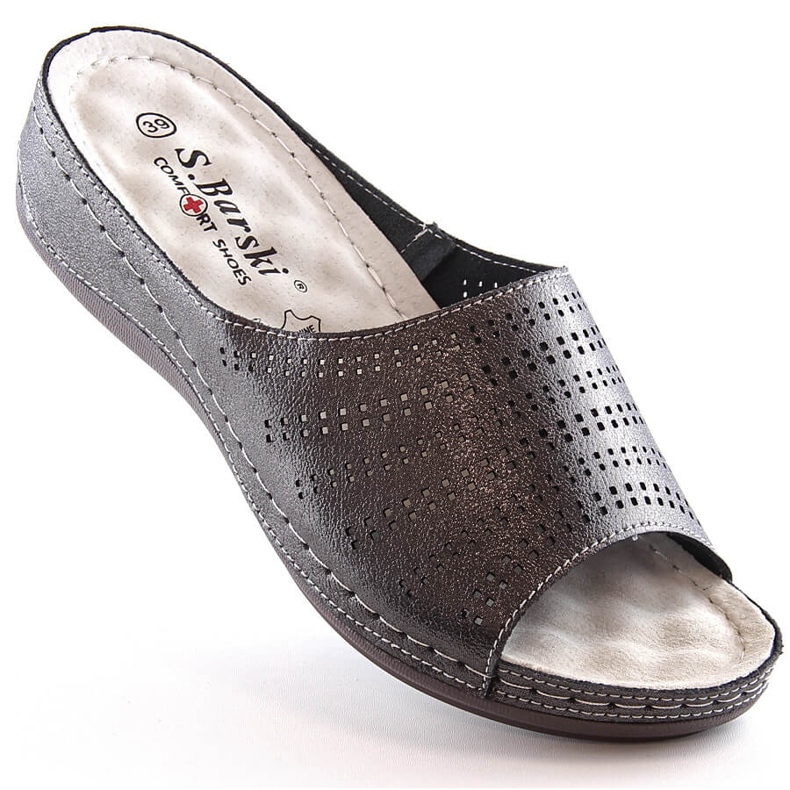 Comode ciabatte da donna in pelle con zeppa in peltro S.Barski BN292 grigio 1