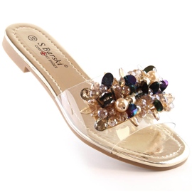 Comode pantofole da donna trasparenti con perline dorate S.Barski Kv 576-3 d'oro 1